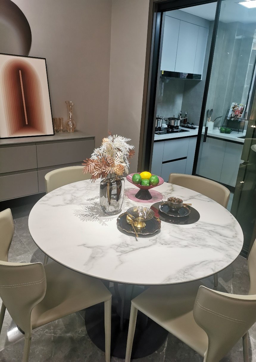 Sintered stone dining table top with vein-cut surface